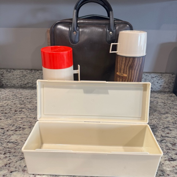 Vintage 70s Thermos & Aladdin Lunch Set – Faux Leather Tote + 2 Bottles + Box